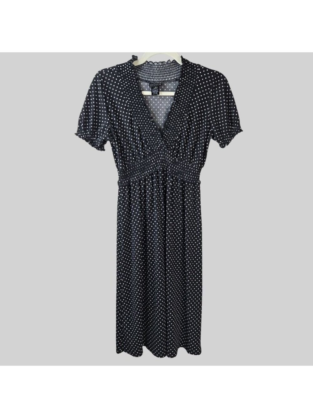 A Line Dress 6 Black White Polkadot Smoked Cinched Waist Retro Rockabilly Pin Up